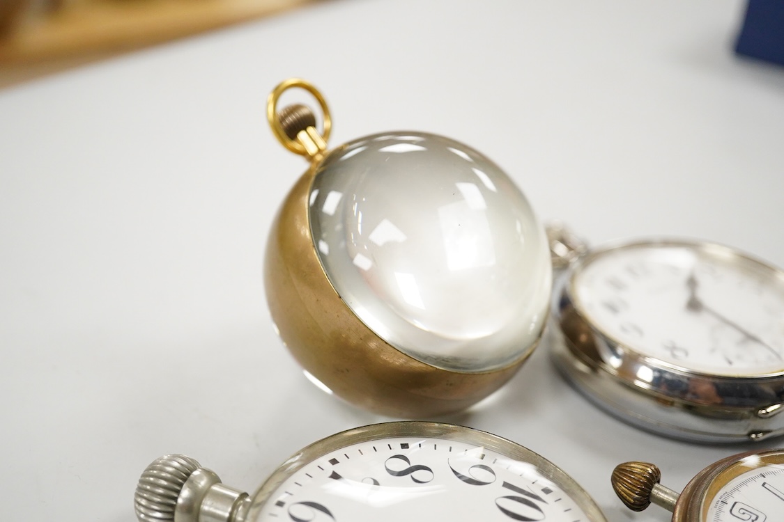 An erotic globe watch, a base metal open faced 8 day keyless pocket watch and two car dashboard clocks including Glo-Worm, largest case diameter 66mm.